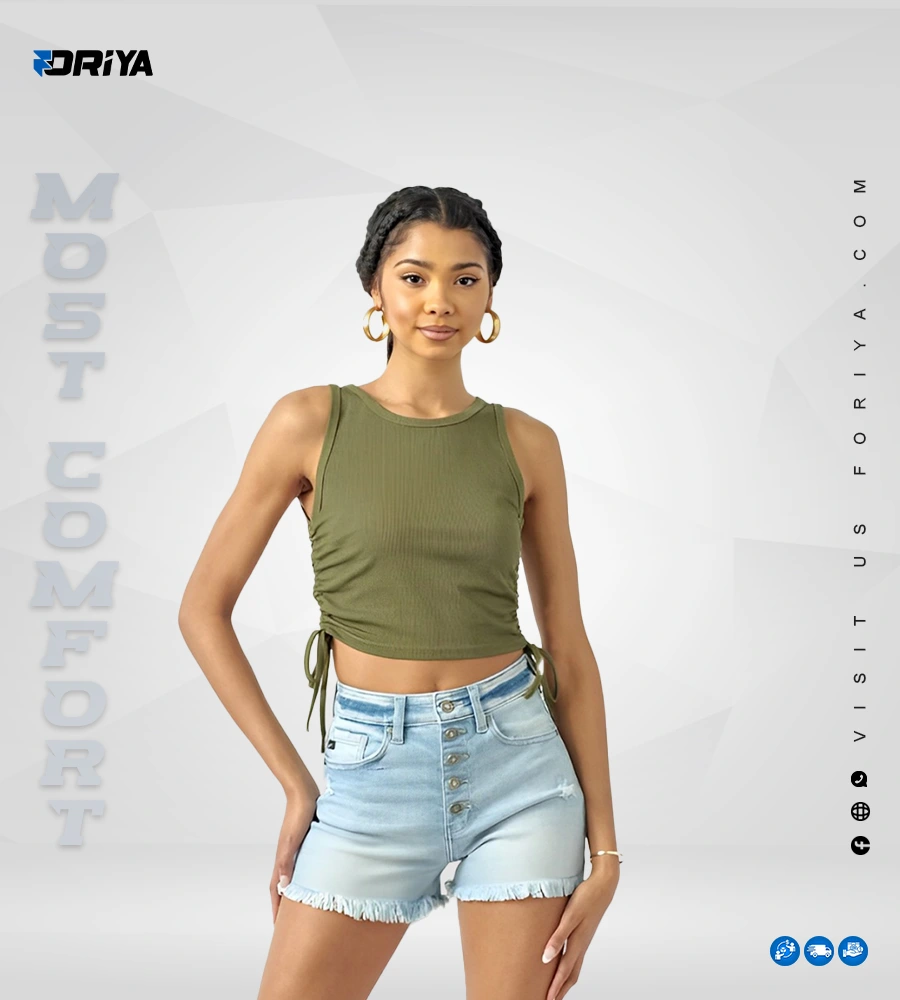 Crop Tops Sleveless Drawstring Ruched Side Racerback Ribbed Olive