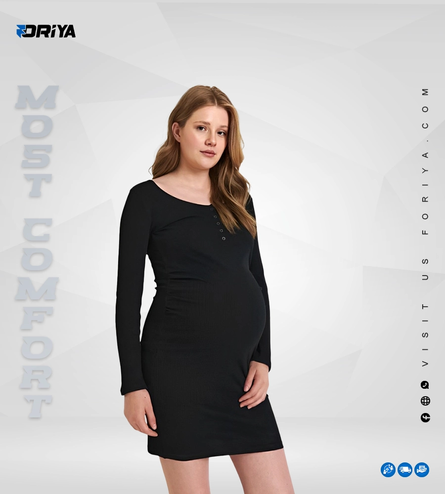 Maternity Long Sleeve Henley Pajama Dress Black