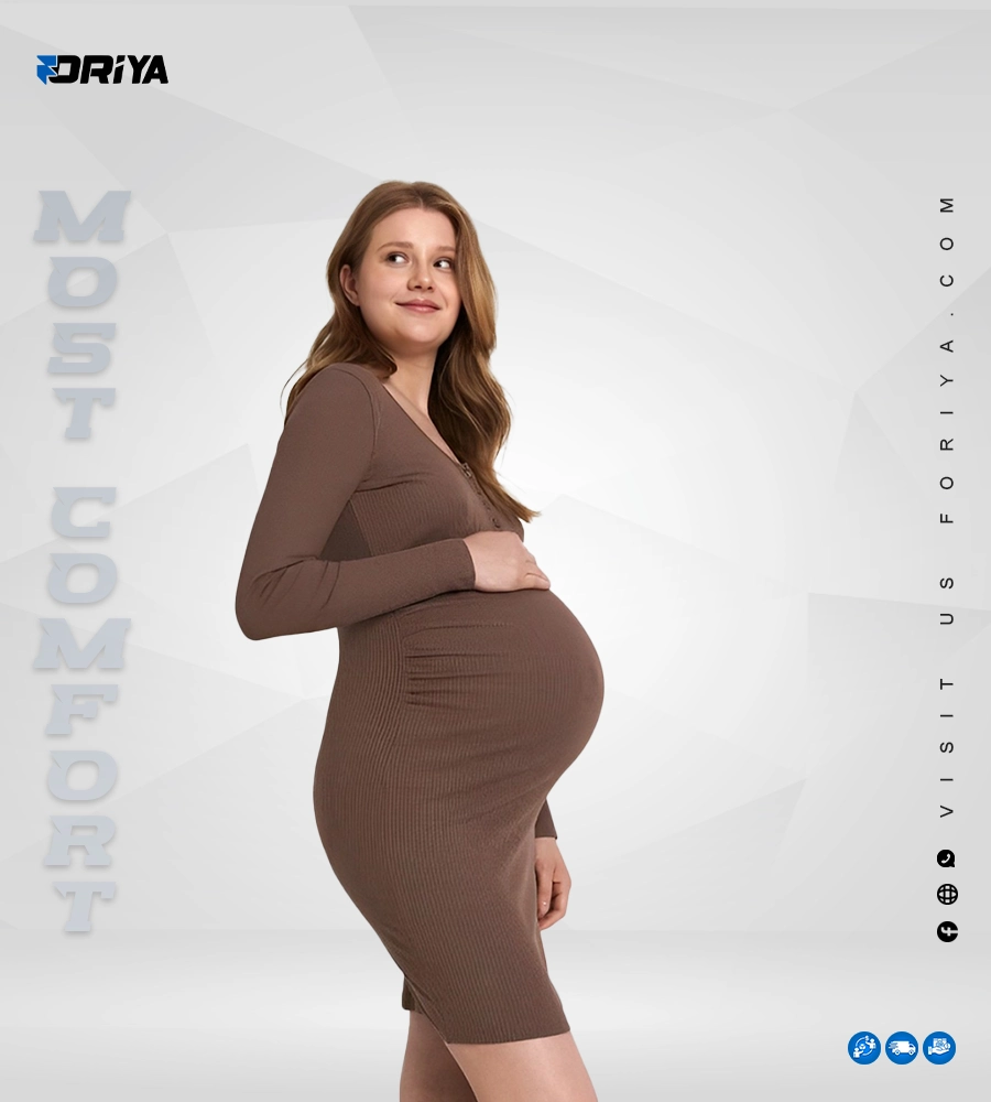 Maternity Long Sleeve Henley Pajama Dress Brown